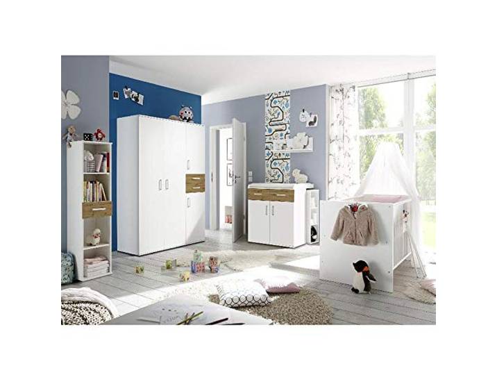 Sienna Kinderzimmer Komplett-Set - Babyzimmer 7-tlg., Weiß Matt-Asteiche Mitwachsend, mit Babybett 70x140cm, Wickelkommode, Kleiderschrank, Wandregal
