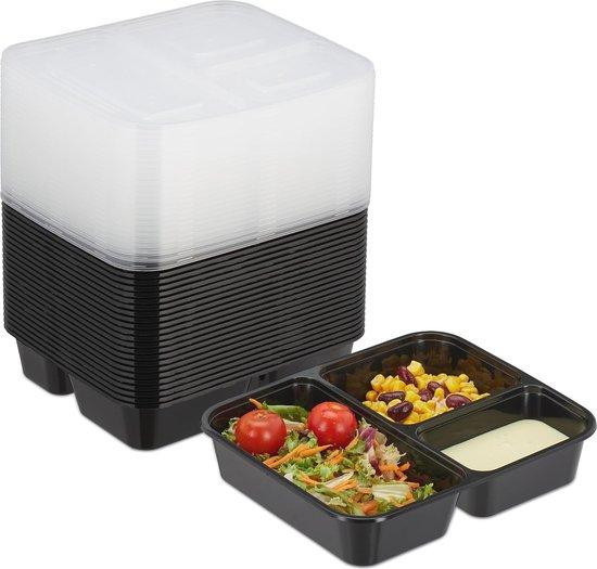 Set van 24 herbruikbare lunchboxen, 3-delig, zwart, lekvrij en magnetronbestendig