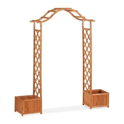 Relaxdays Holz-Rosenbogen, dekorativer Gartenbogen, 2 Pflanzkübel, wetterfestes Rankgitter, 209 x 181 x 40 cm, orange