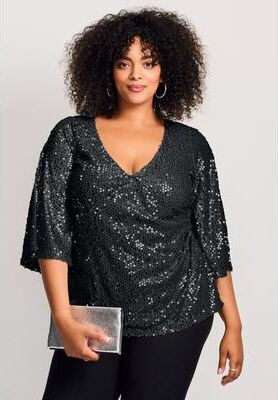 Plus Size Women's Faux Wrap Sequin Top by Avenue in Black Sequin (Size 14)
