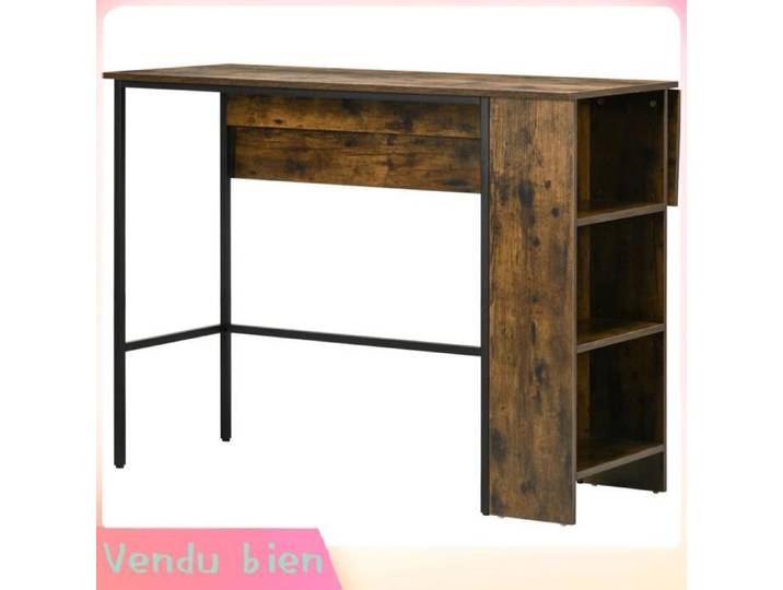 LIA Ilot central table bar plateau rabattable 3 étagères 120x76x91cm brun rustique