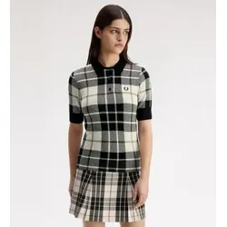 Fred Perry für Damen. K3157 Poloshirt aus Strick mit Tartanmuster in Bouclé, weiß, schwarz (36), Lässig, Baumwolle, Kurzarm