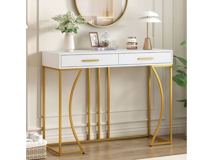 Table console - SOGEU - Table console d'entrée 120x38x76 cm - 2 tiroirs - Plateau MDF & piètement métal - Blanc/Doré