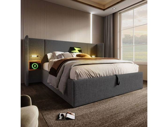 Lit - AUTREMENT - 160x200 cm - Beige - Rangement - Lampe de lecture USB