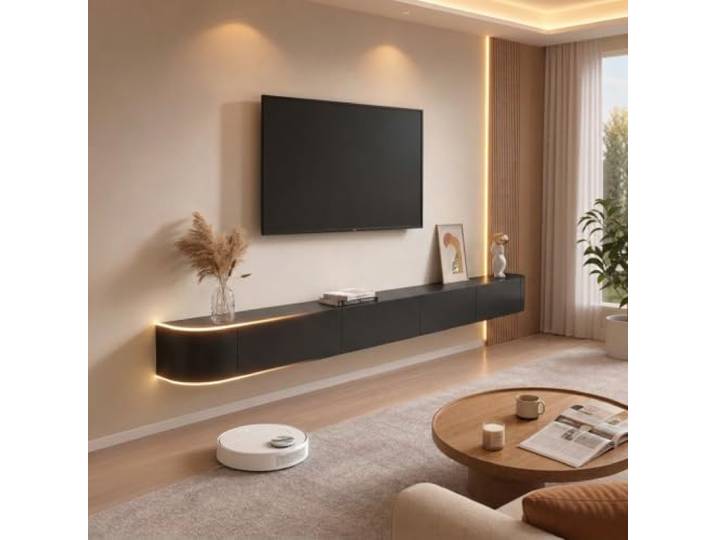 Btsunotr Schwebender TV-Ständer schwebender TV-Schrank Holz-Aufbewahrungsschrank unter dem TV modernes Entertainment-Unit mit 3/4 Stauraum Konsolen-Entertainment-Regal (Schwarz, 260cm)