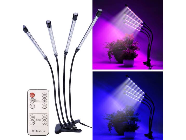 LED-Pflanzenlampe, 4-armig mit 360°-Schwanenhälsen, 3 Leuchtmodi, Dimmer & Timer