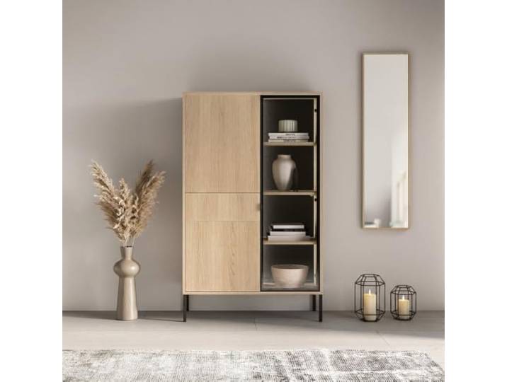 Lomadox Wohnzimmer Vitrine 92 cm in Eiche, Glasfront & LED Beleuchtung -