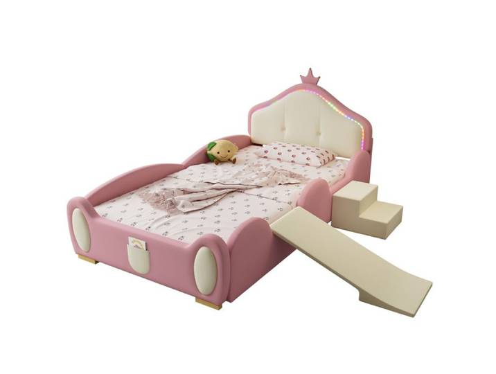 Lit enfant escalier et petit toboggan couronne LED multi-mode bords souples lattes bois PU rose/beige 90x200