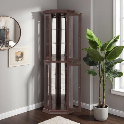 ZWYO HOSIMU "69.59""H Lighted Corner Curio Cabinet Display Shelf, Tempered Glass Doors, Adjustable Shelving, Bead Bulb Lighting, Anti-Tipping."