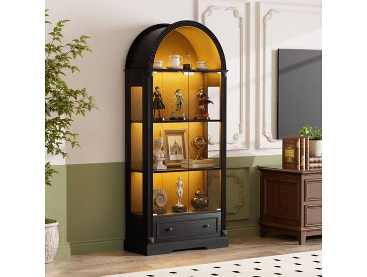 Vitrine de rangement - Vitrine cintrée de 180 cm de haut meuble de cuisine avec portes vitrées Noir