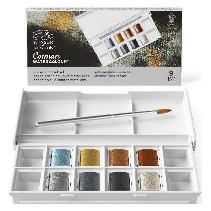 Winsor & Newton Cotman watercolour 1/2 pan metallic pocket set 9pc (884955090688)