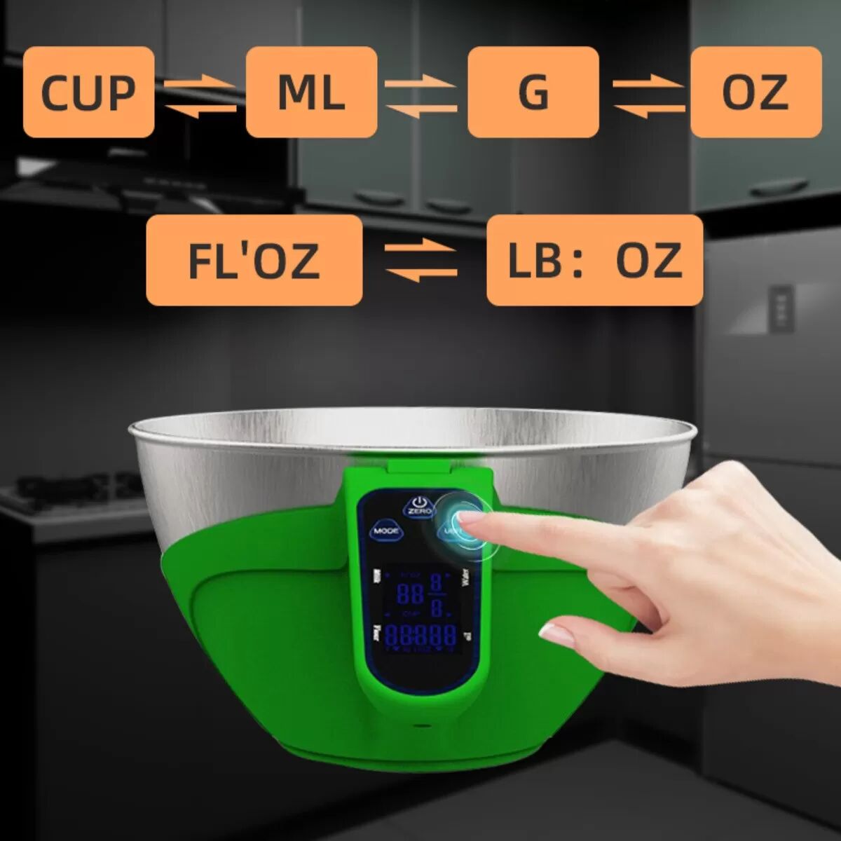 INF Digitale Edelstahl-Schüsselwaage mit abnehmbarem Messbecher, 2000mL, 5kg/11lb, 1G Präzision, blaue Hintergrundbeleuchtung Grün
