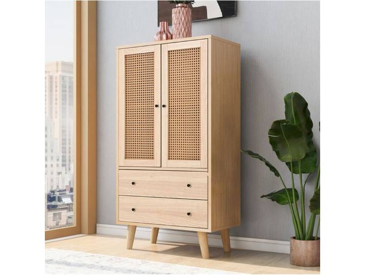 VUENOR Buffet haut chêne 60 x 40 x 120 cm – 2 portes 2 tiroirs grand rangement