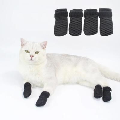 Inspired Living CozyPaws Cat Anti Scratch Socks Soft Breathable Cat Booties With Secure Velcro Fit black xl