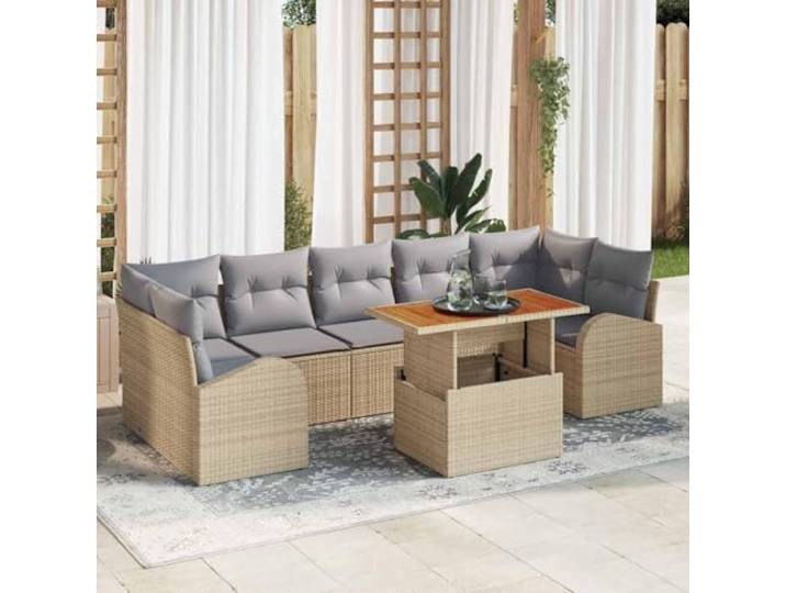 YUOTYRKTEJRSG Poly Rattan Garten Esszimmer Set Modern 8 pcs Beige Garten-Sofa-Set mit Kissen 8 pcs Beige und Hellgrau Polyrattan UV-beständig für Terrasse Balkon