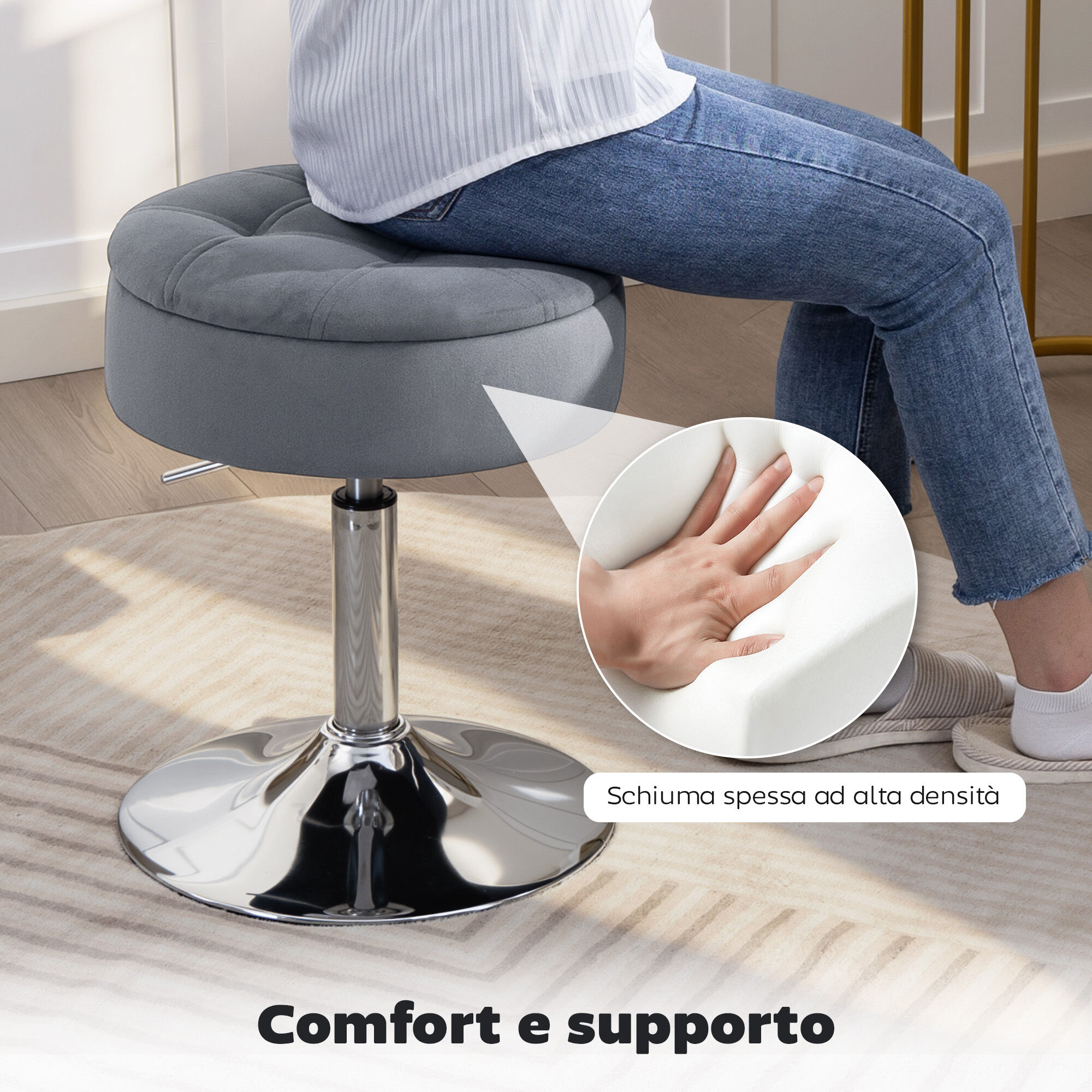 Altro Sgabello Da Bar Con Altezza Regolabile E Vano Contenitore, Seduta Girevole Imbottita Senza Schienale, Grigio