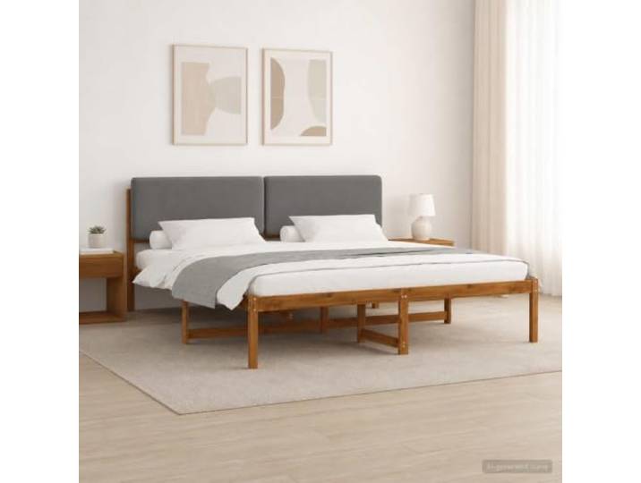 Bett mit Kopfteil aus massivem Akazienholz und Leinenimitat Gepolstertes Kopfteil, abnehmbarer und waschbarer Bezug, Akazienholz, Leinenimitat, moderner Stil