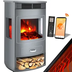 KESSER® Prio Elektrokamin mit Heizung Heizlüfter Fernbedienung WiFi App 950/1900 W Kamin elektrisch LED-Flammeneffekt Kaminfeuer Elektro Kamin mit Thermostat  Panorama-Sichtfenster Heizfunktion Timer