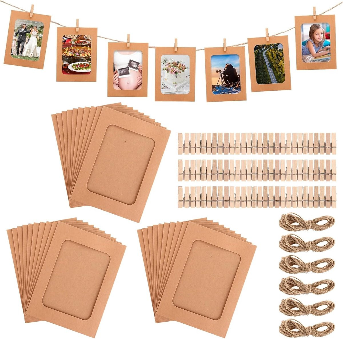 60 stuks bruine kartonnen fotolijstjes met touw en clips voor decoratie, 10 x 15 cm