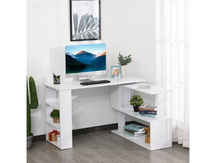 Bureau d'angle pivotant 120 x 110 cm bureau en L avec étagères blanc pour bureau à domicile