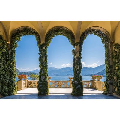 Fototapete PAPERMOON "TERRASSE-SÄULEN LANDSCHAFT GEBIRGE BLUMEN NATUR MEER", bunt, B:2,5m L:1,86m, Vlies, Tapeten