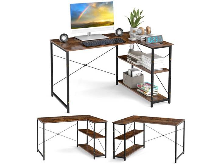 GIANTEX Bureau d'Ordinateur en Forme de L-Étagère à 2 niveaux-Cadre en métal-Étagère Réglable-Bureau d'Angle-118x86x75cm-Brun
