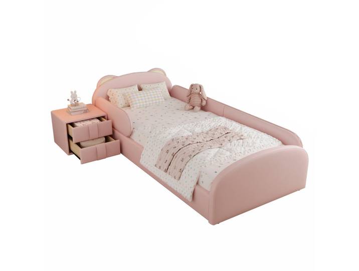 Redom Kinderbett 90/200 cm mit Nachttisch, Bären-Kopfteil und weichem Stoßschutz, Rosa, Leder, Freiform, 90x200 cm, Babymöbel & Kindermöbel, Kinderzimmer & Jugendzimmer, Kinderbetten
