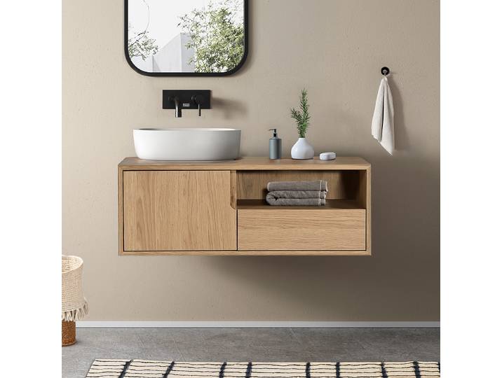 Meuble sous-vasque suspendu 90 cm 90 x 32 x 45cm Beige/Marron