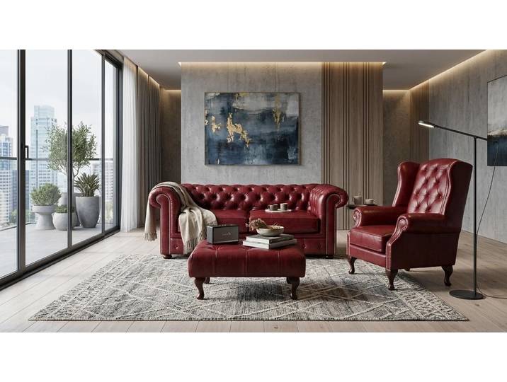 Xlmoebel Polstergarnitur Klassisches Braunes 2-Sitzer Sofa Sessel Hocker Holz Wohnzimmer Set, (1-tlg., 3-tlg)