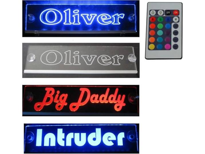 Trucker LKW Namensschild Größe 50x10 cm mit RGB Controller 22 Funktionen - LED Acryl Leuchtschild 12V oder 24V - 5V USB-Anschluss - mit edler Lasergravur