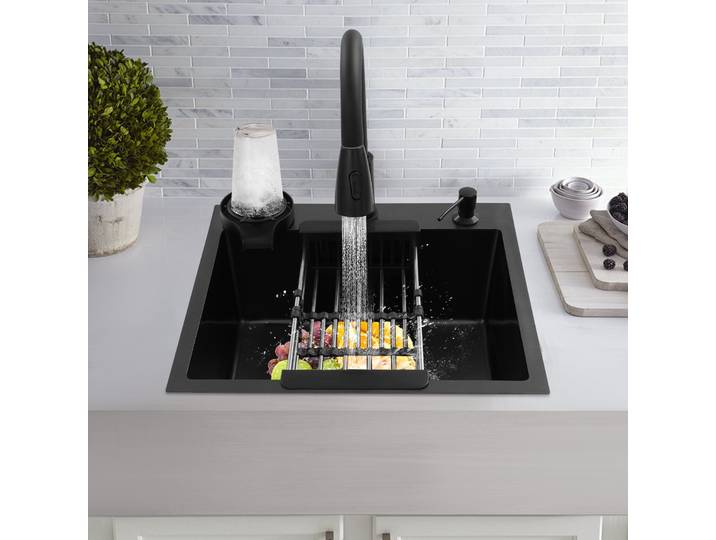 Évier de cuisine multifonctionnel avec robinet extractible, distributeur de savon, panier de vidange Anti-débordement, acier inoxydable 201