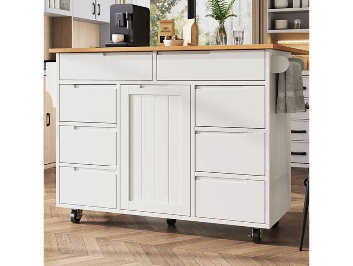 Desserte de cuisine 122x46-74.5x91.5 cm plateau rabattable 8 tiroirs roulettes MDF blanc