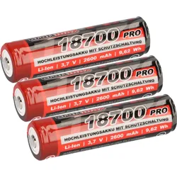 3x Kraftmax 18700 Pro Akku mit PCB Schutzschaltung - speziell für LED Taschenlampen 3,7V 9,62 Wh
