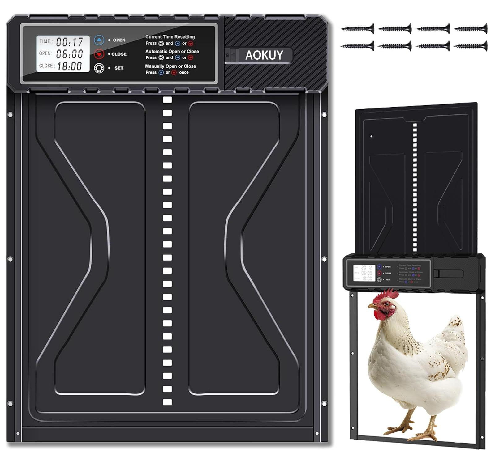 Dripio Automatische kippenluik met LCD-timer, aluminium, op batterijen