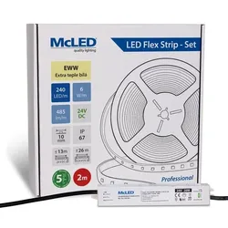 McLED LED-Band - Satz 2 m, 240 LED/m, EWW, 6 W/m, DC 24V, 485 lm/m, CRI90, IP67, 10 mm, Konduktor 3 m ML-126.035.90.S02001