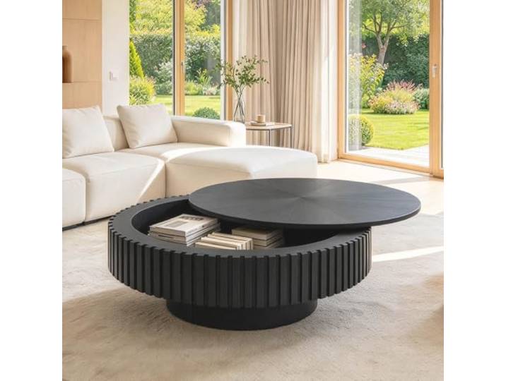 Runder Couchtisch in Trommelform 80 cm mit Stauraum mit Geriffelter Optik Moderner Couchtisch im Mid-Century-Stil Schwarzer Runder Beistelltisch mit Aufklappbarem Deckel Dekorativer Wohnzimmertisch