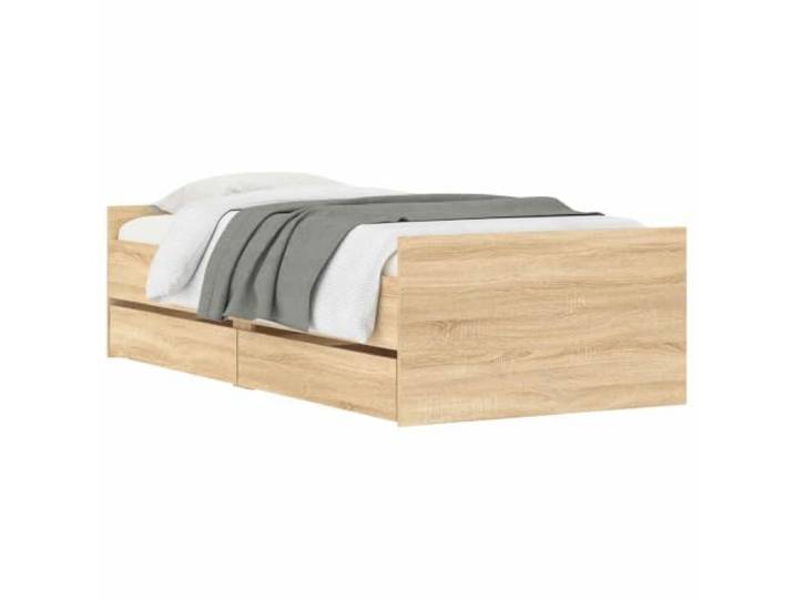 PUGYNBK Bettrahmen Sonoma Eiche, technisches Holz Fester Lattenrost, minimalistisches Kopfteil, feste Halterung, modernes Schlafzimmer