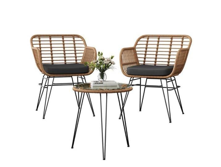 Ensemble Bistro 3 pièces en rotin – Salon de jardin balcon et terrasse – 2 chaises + 1 table