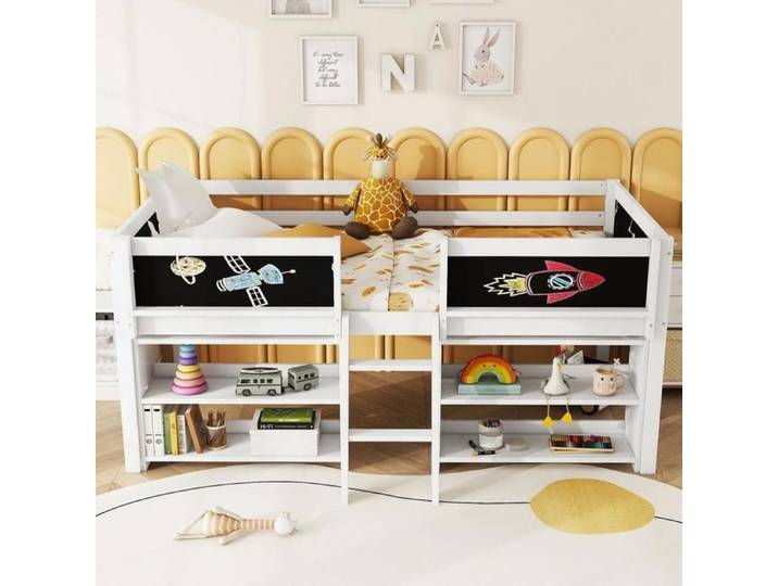 Lit mi-hauteur enfant - KOMHTOM - 90x200 - Sommier à lattes inclus - Étagères de rangement - Barrière de sécurité