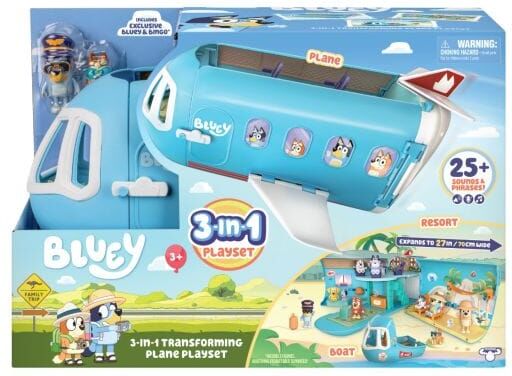Moose Toys Bluey 3-in-1 Transforming Plane Playset for Kids - 70cm Wide Play Space with 15 Play Pieces and 25+ Sounds
