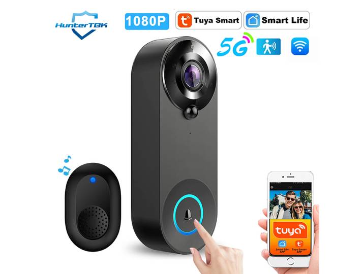 Sonnette de porte avec caméra WiFi 5G 2.4G, vidéo 1080P, interphone, vision nocturne HD, détection de mouvement PIR, sonnette de porte intelligente Tuya pour maison connectée