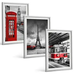BILDER SET 3er Set - 40x60 cm Silberner Rahmen - Ikonen London Paris Verkehr