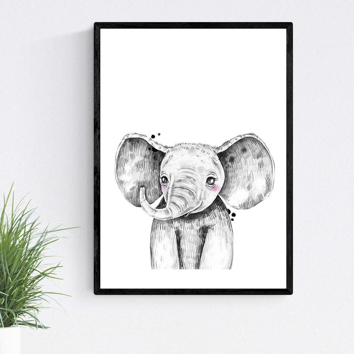 Poster Olifant Kinderposter Dier Muurdecoratie Wit Zwart B: 42 cm, H: 30 cm