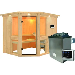 Karibu Amelia 3 - Sauna mit Eckeinstieg 68 mm-9 kW Ofen inkl. Steuergerät-inkl. Dachkranz
