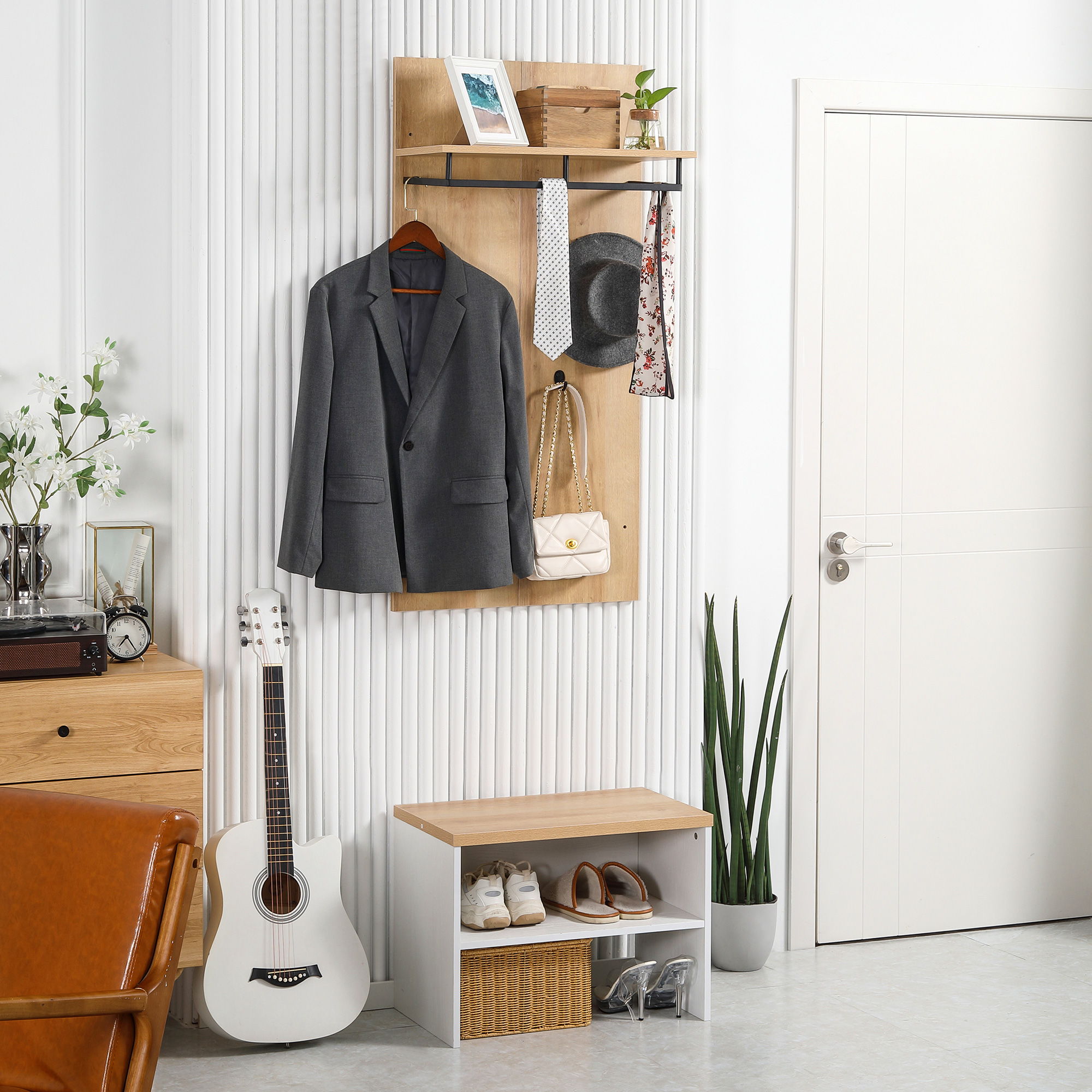 Homcom Mobile da Ingresso con Scarpiera Bassa, Panca e Appendiabiti da 4 Ganci in Truciolato e Acciaio, 60x28x120 cm   Aosom Italy