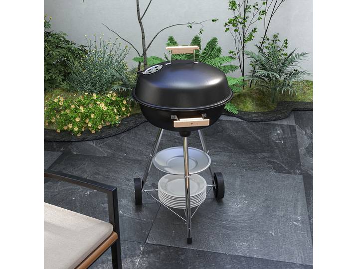 Outsunny Barbecue Charbon Acier avec Couvercle et Roues Noir