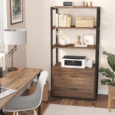 1Easylife Brown Industrial Bookshelf with 2 Drawers, 5-Tier Bookcase with Open Shelf, Display Decorative Shelf for Living Room Office