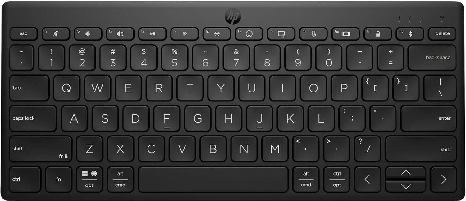 HP 350 Compact Bluetooth Keyboard. Connect up to 3 devices via Bluetooth 5.2, Multi-OS, with SMART shortcuts, dictation and emoji keys, made from 60% recycled materials, Black, New