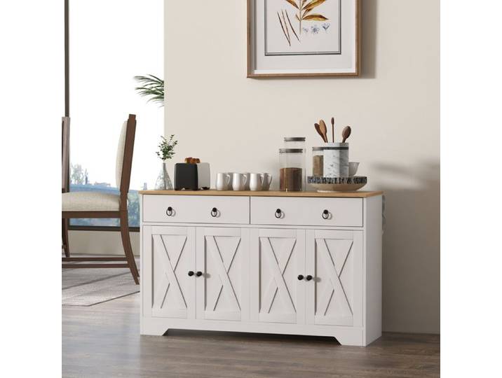 Buffet meuble de rangement armoire de cuisine style rural 2 tiroirs et 2 placards étagères à hauteurs réglables blanc