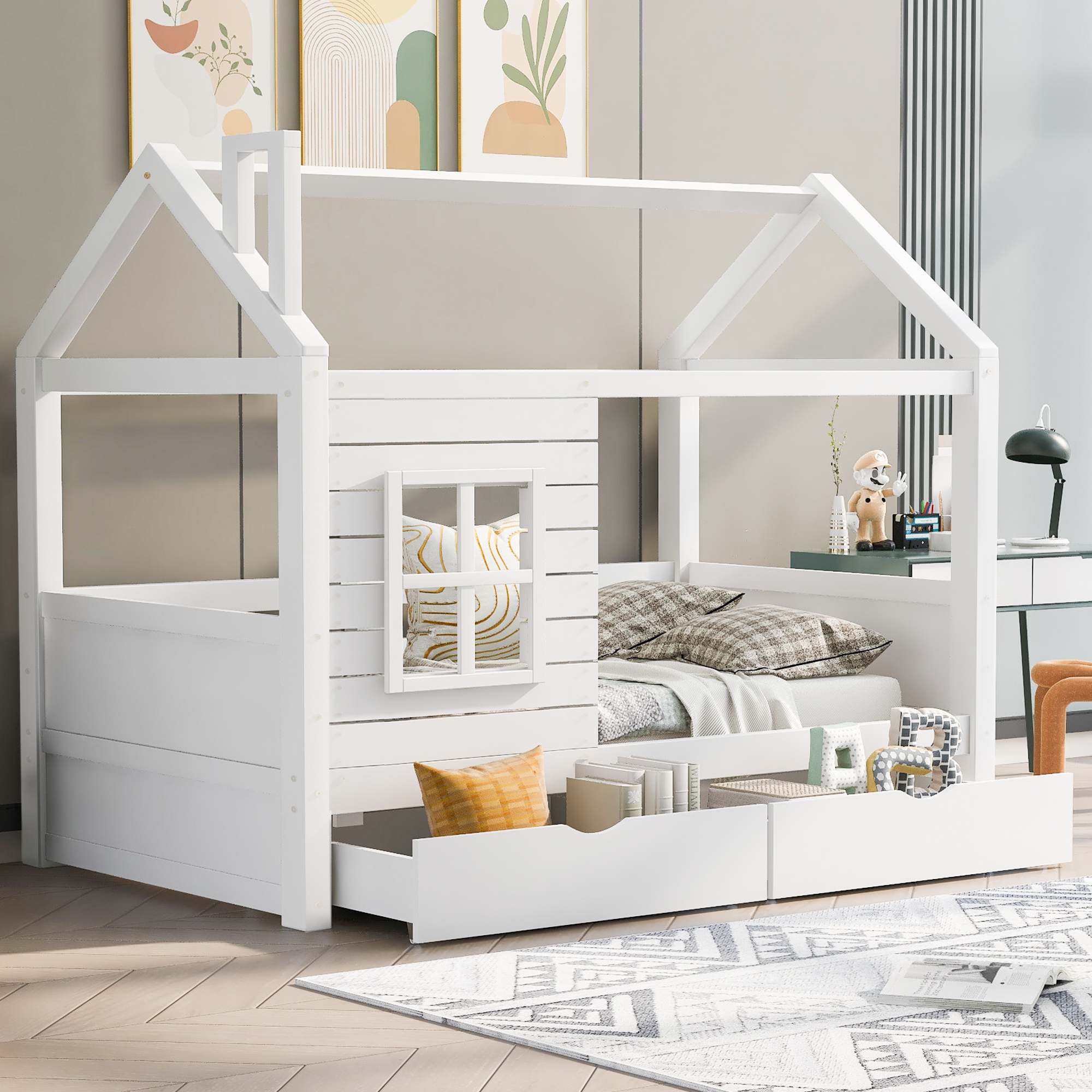 Abrihome Kinderbett Hausbett 90×200 cm mit Rausfallschutz und Lattenrost, Massivholz Weiß